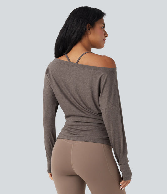 One Shoulder Long Sleeve Thumb Hole Ruched Yoga Sports Top