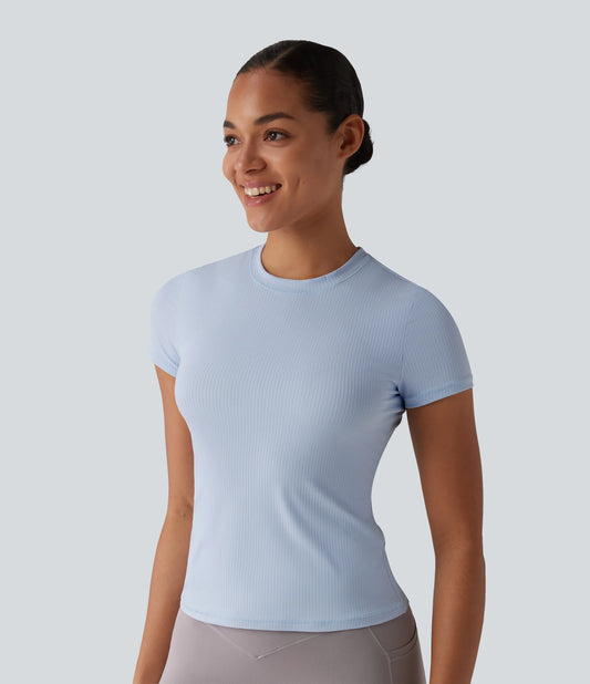 Ribbed Knit Round Neck Short Sleeve Workout Sports Top