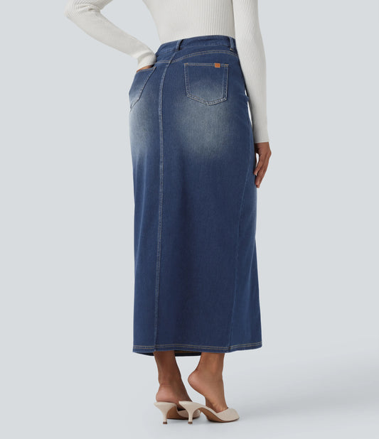 Halara Flex™ High Waisted Washed Denim Straight Maxi Casual Skirt with Pockets