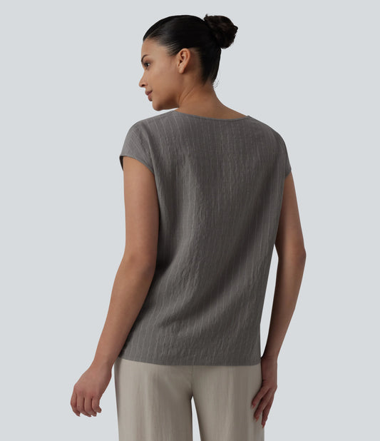 Notched Collar Sleeveless Stripe Casual Linen-Blend T-Shirt