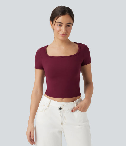 Scoop Neck Short Sleeve Bow Cropped Casual Top
