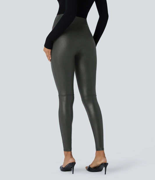 High Waisted Tummy Control Faux Leather Foil Print Stretchy Leggings