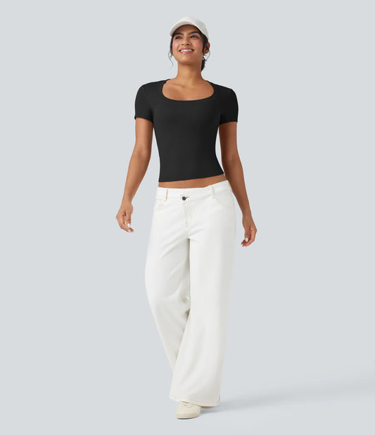 Ribbed Knit Short Sleeve Casual T-Shirt