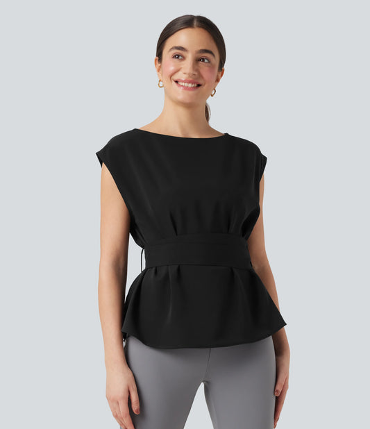 Wrinkle Recovery Boat Neck Sleeveless Tie Back Work Blouse