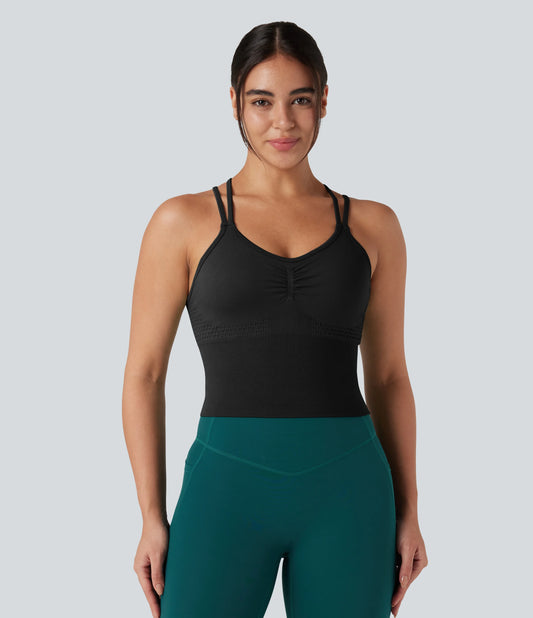 OneForm Seamless Flow Crisscross Backless Ruched Double Straps Yoga Tank Top-Longer Length