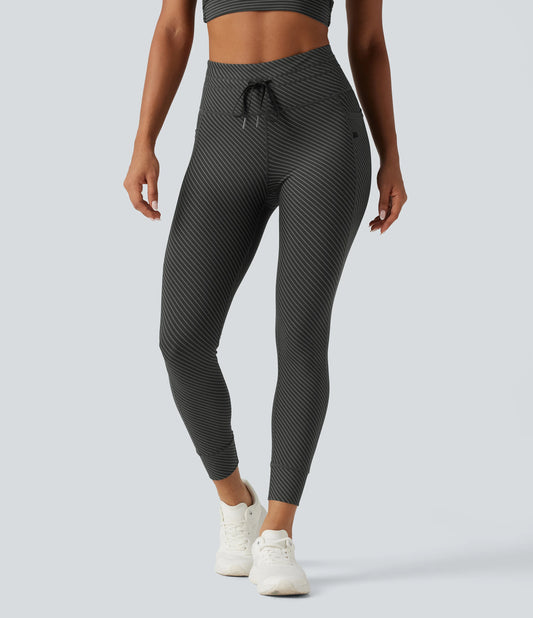 High Waisted Drawstring Twill Stripe Yoga Leggings with Pockets