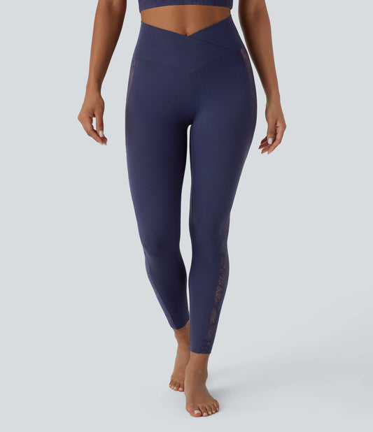 SoftlyZero™ High Waisted Crossover Contrast Lace Built-in Underwear Yoga Leggings with Pocket-UPF50+