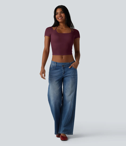 Ribbed Halter Tie Back Built-in Bra Short Sleeve Cropped Casual T-Shirt