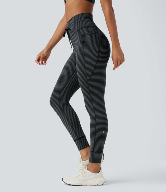 High Waisted Drawstring Striped Yoga Leggings with Pockets