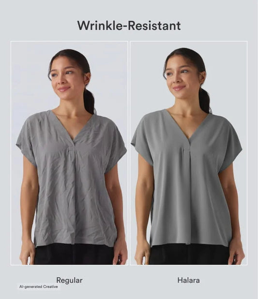 Wrinkle Recovery V-neck Short Sleeve Oversized Work Blouse