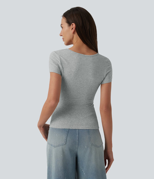 Halara Cotton Jersey Square Neck Short Sleeve Ultra-slim Heathered Casual T-Shirt