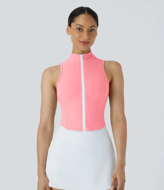 Mock Neck Zip Front Sleeveless Cropped Tank Top