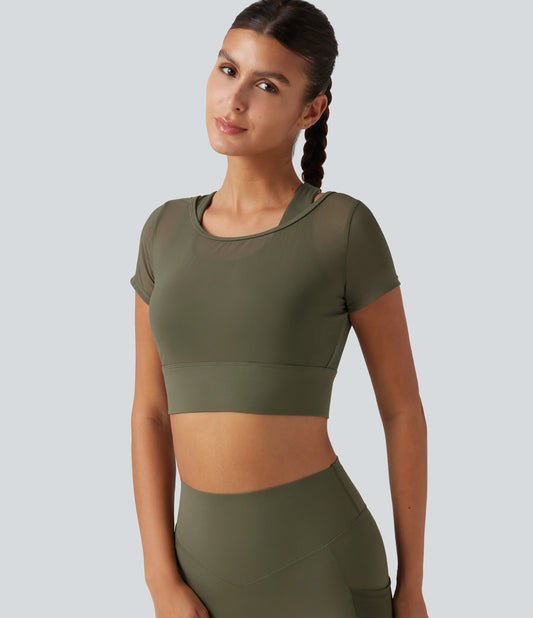 Boat Neck Built-in Bra Short Sleeve Contrast Mesh Cool Touch Quick Dry Cropped Running Sports Top-UPF50+