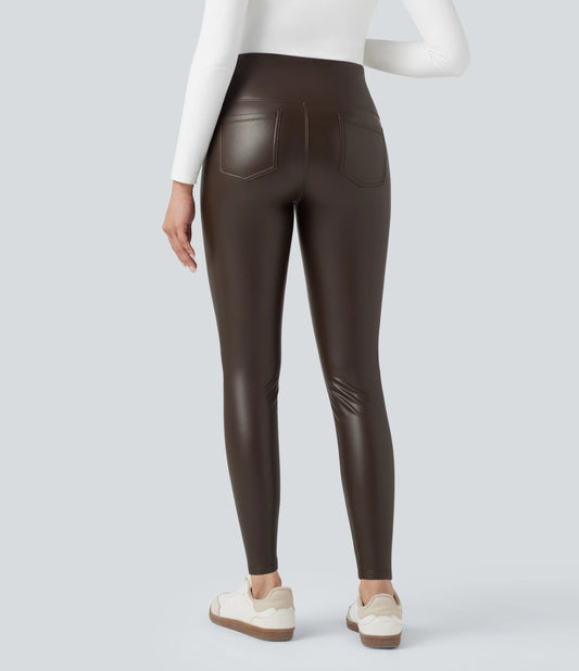 High Waisted Tummy Control Stretchy PU Fleece 7/8 Skinny Casual Leggings with Pockets