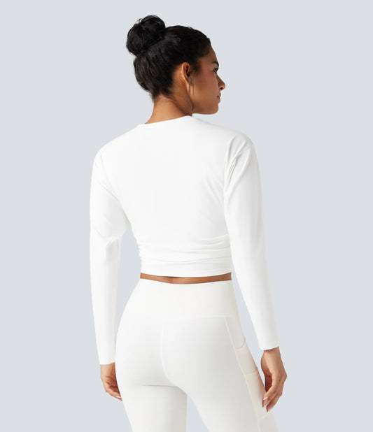 Round Neck Long Sleeve Ruched Cropped Yoga Sports Top