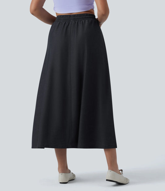 High Waisted Drawstring Midi Denim Like Casual A-line Skirt with Pockets