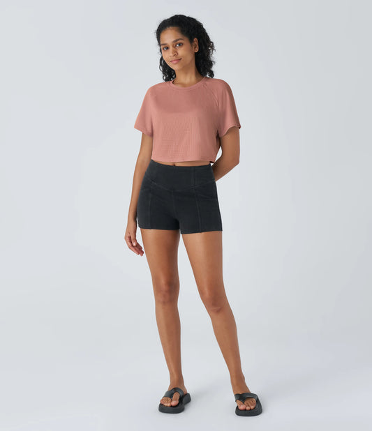 Raglan Sleeve Solid Cropped Waffle Casual Tee