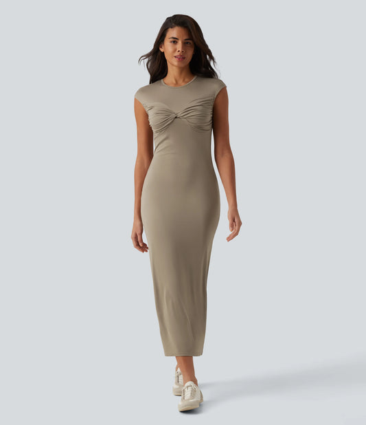 Round Neck Twisted Short Sleeve Split Midi Casual T-Shirt Dress