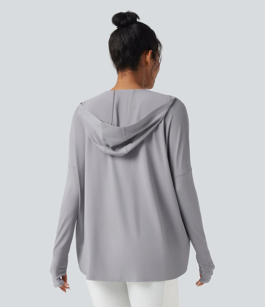 Hooded Cowl Neck Long Sleeve Thumb Hole Yoga Sports Top with Pockets