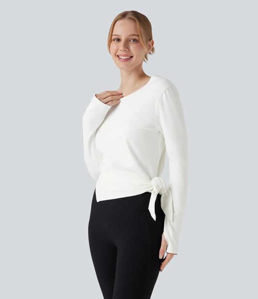Boat Neck Long Sleeve Thumb Hole Tie Side Yoga Sports Top