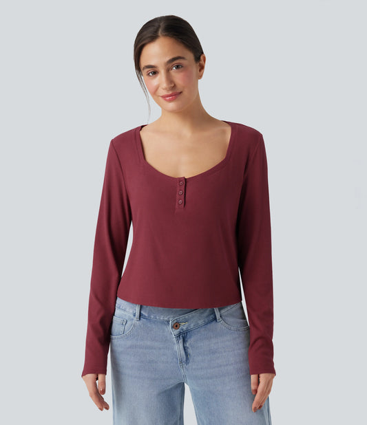 Ribbed Knit Henley Neck Long Sleeve Casual Top