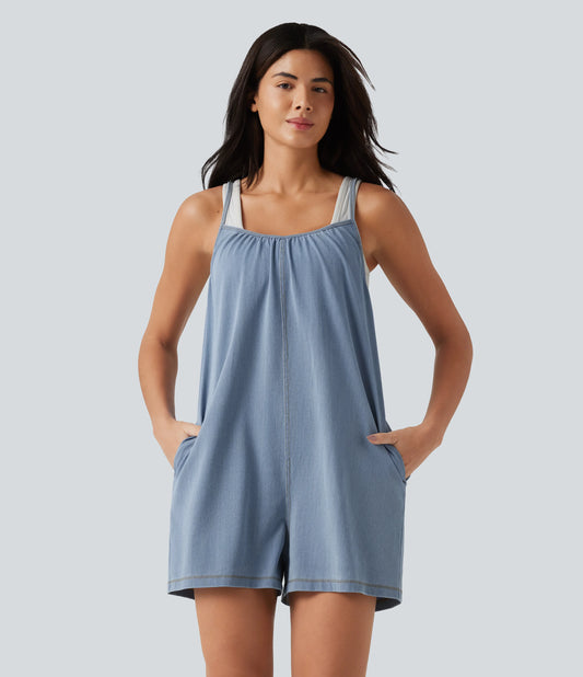 Halara Flex™ Scoop Neck Denim Casual Slip Romper with Pockets