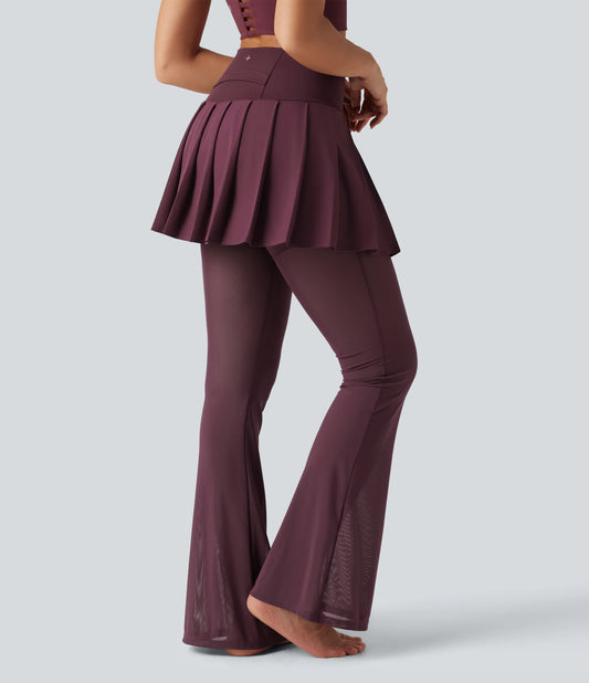 Breezeful™ High Waisted Pleated 2-in-1 Contrast Mesh Quick Dry Flare Dance Skirted Leggings with Pockets