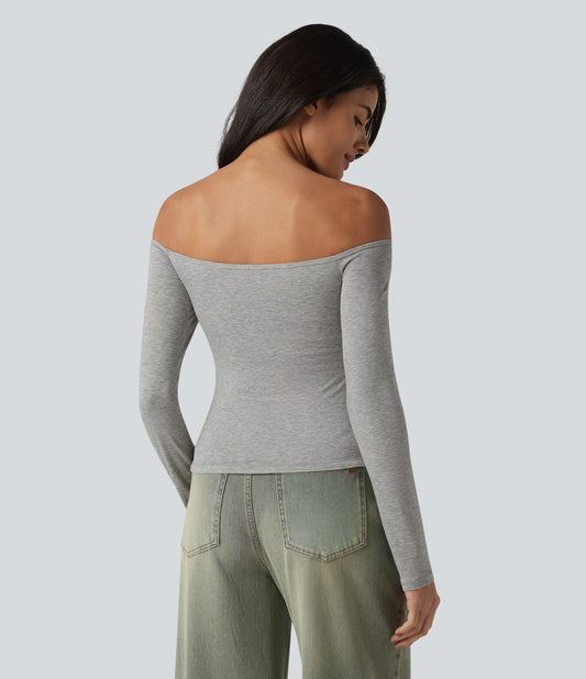 Ribbed Off-shoulder Long Sleeve Built-in Bra Ultra-slim Casual T-Shirt