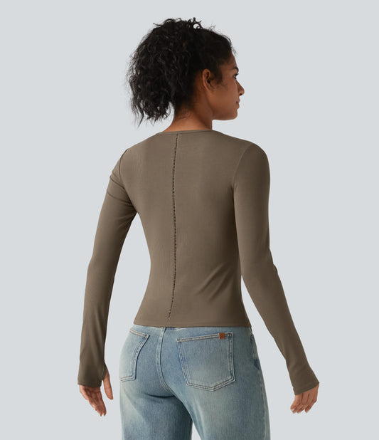 Ribbed Knit Round Neck Long Sleeve Thumb Holes Cut-out Casual T-Shirt
