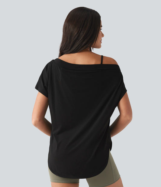 One Shoulder Short Sleeve Curved Hem High Low Built-in Bra Quick Dry Yoga Sports Top