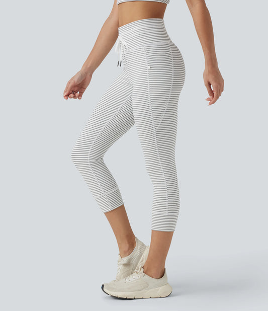 High Waisted Drawstring Stripe Capri Yoga Leggings with Pockets