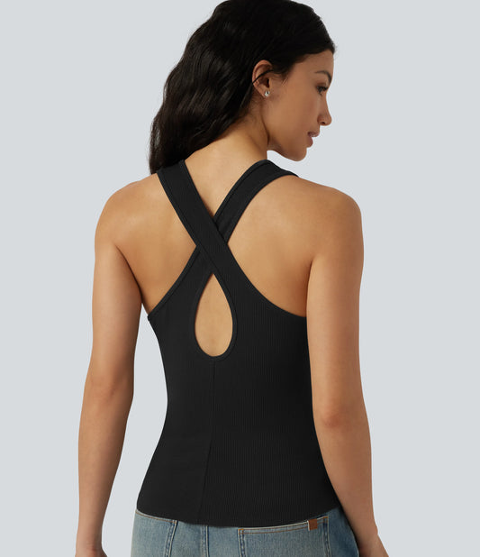 Ribbed Knit U-Neck Crossover Cut-Out Back Curved Hem Casual Tank Top