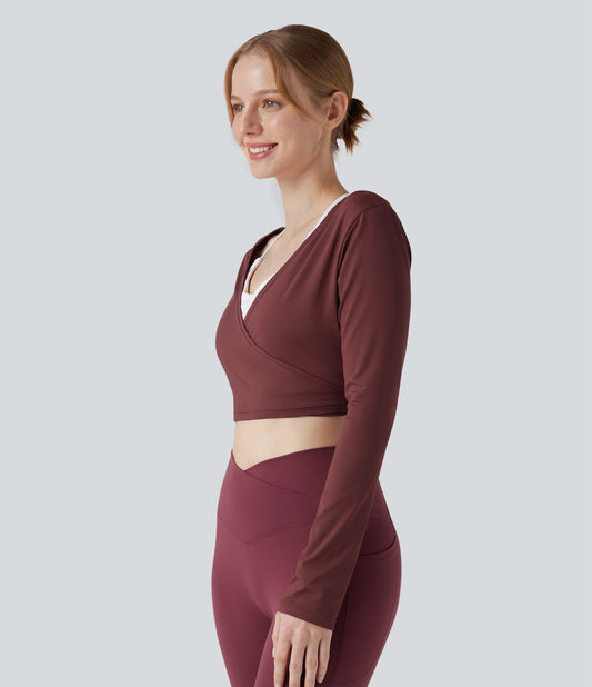 V Neck Wrapped Tie Back Long Sleeve Cropped Yoga Sports Top