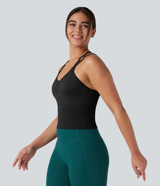 OneForm Seamless Flow Crisscross Backless Ruched Double Straps Yoga Tank Top-Longer Length