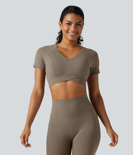 Halara UltraSculpt™ V Neck Built-in Bra Short Sleeve Crossover Hem Cropped Workout Sports Top DD-F Cups