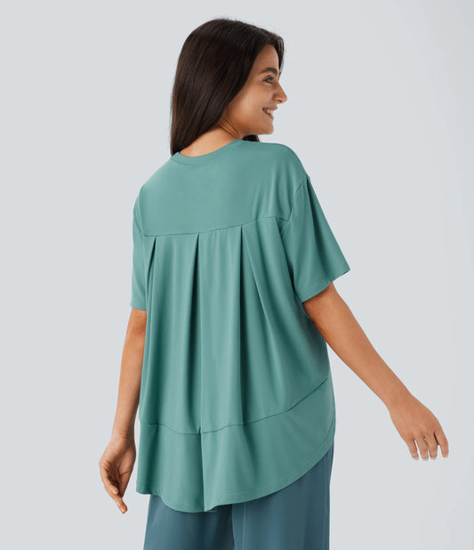 Round Neck Short Sleeve High Low Asymmetric Hem Casual Top