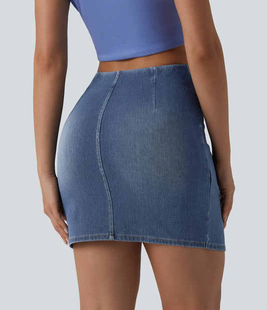 Halara Flex™ High Waisted Ruched Crossover Hem Bodycon Mini Casual Denim Skirt