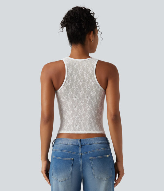 SoftlyZero™ Airy U Neck Built-in Bra Contrast Lace Cut Out InstantCool Casual Tank Top