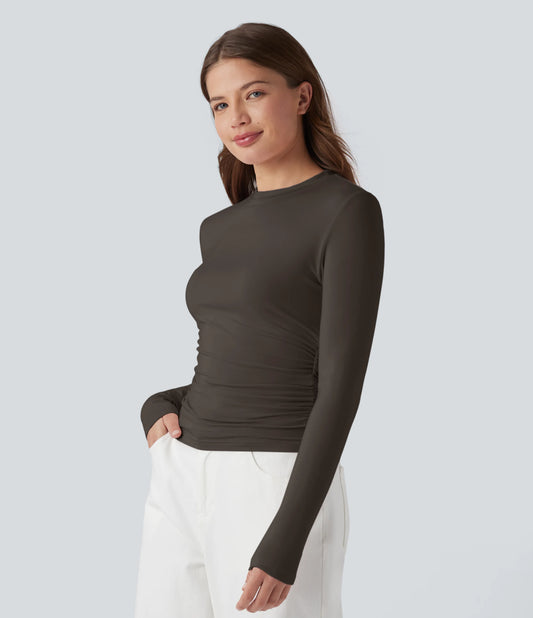 Round Neck Long Sleeve Ruched Casual Top
