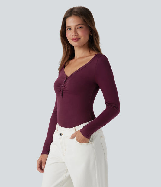 Ribbed Henley Neck Long Sleeve Casual Top