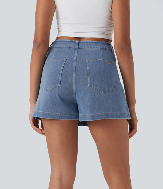 Halara Flex™ High Waisted 2-in-1 Washed Stretchy Knit Denim Casual A-line Skort with Pockets
