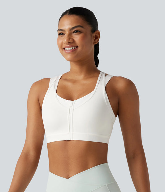 Medium Support Scoop Neck Zip Fly Racerback Contrast Mesh Non-Removable Pad Training Sports Bra