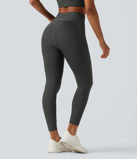 High Waisted Drawstring Twill Stripe Yoga Leggings with Pockets