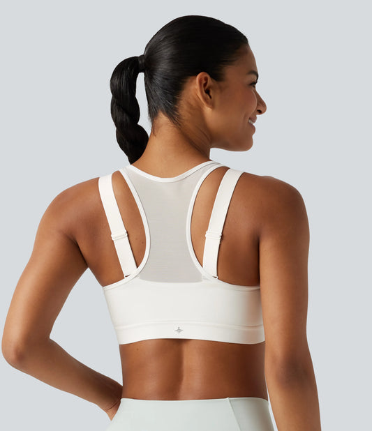 Medium Support Scoop Neck Zip Fly Racerback Contrast Mesh Non-Removable Pad Training Sports Bra