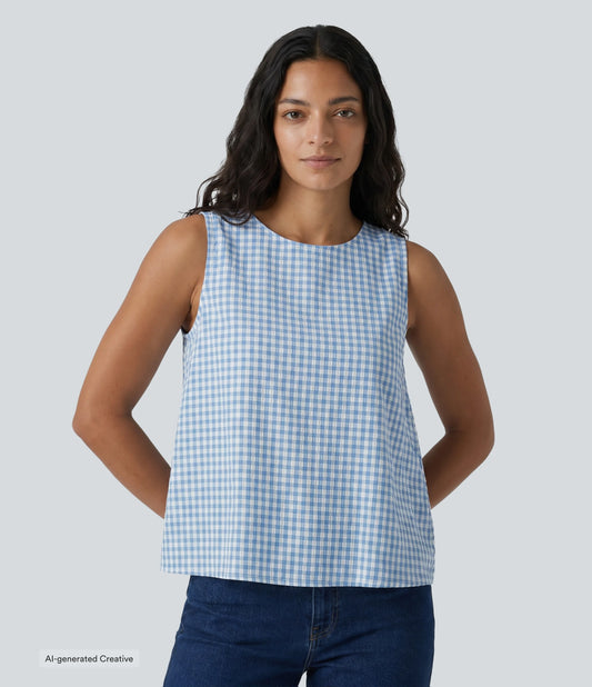 Round Neck Crinkle Gingham Casual Tank Top with Pockets