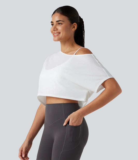 One Shoulder Short Sleeve Built-in Bra Quick Dry 2-Piece Cropped Yoga Sports Top