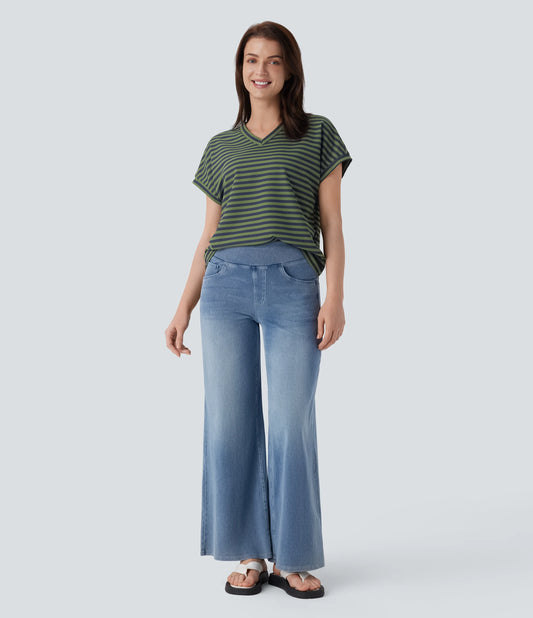 V Neck Stripe Waffle Relax Work Tee