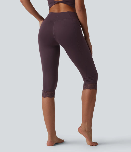 SoftlyZero™ Crossover High Waisted Contrast Lace Yoga Pedal Pusher Leggings with Pockets-UPF50+