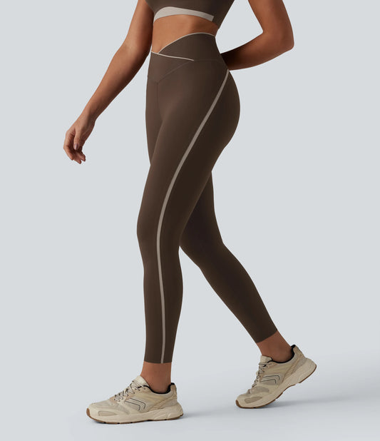 High Waisted Crossover Tummy Control Color Block Hiking Leggings with Pocket