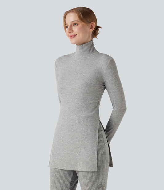 Ribbed Knit High Neck Long Sleeve Casual T-Shirt